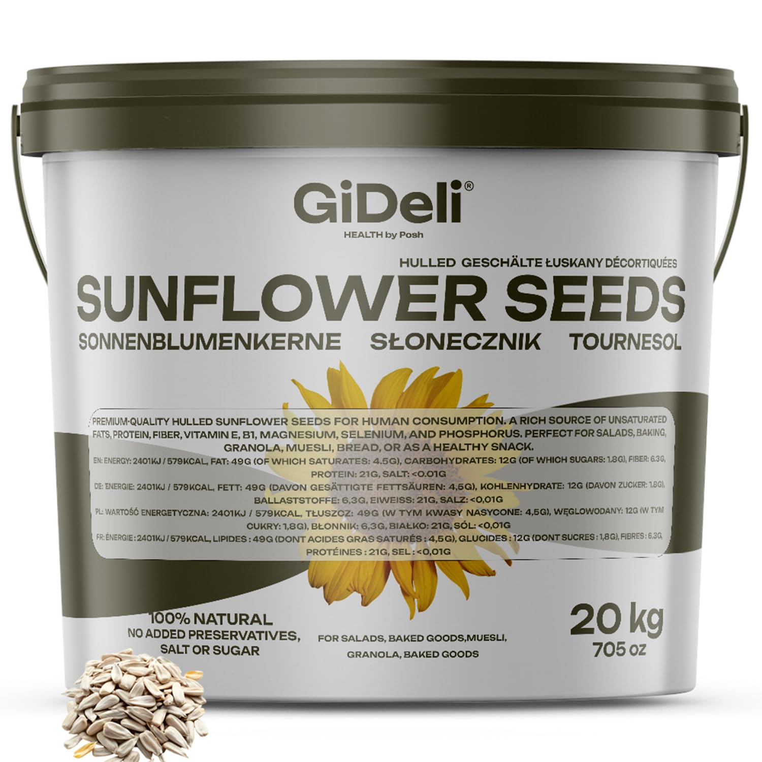 GiDeli Sonnenblumenkerne geschält 20 kg im Eimer - Roh und Ungesalzen - Gesunder Snack für Menschen - Ideal zum Essen, Backen und Kochen