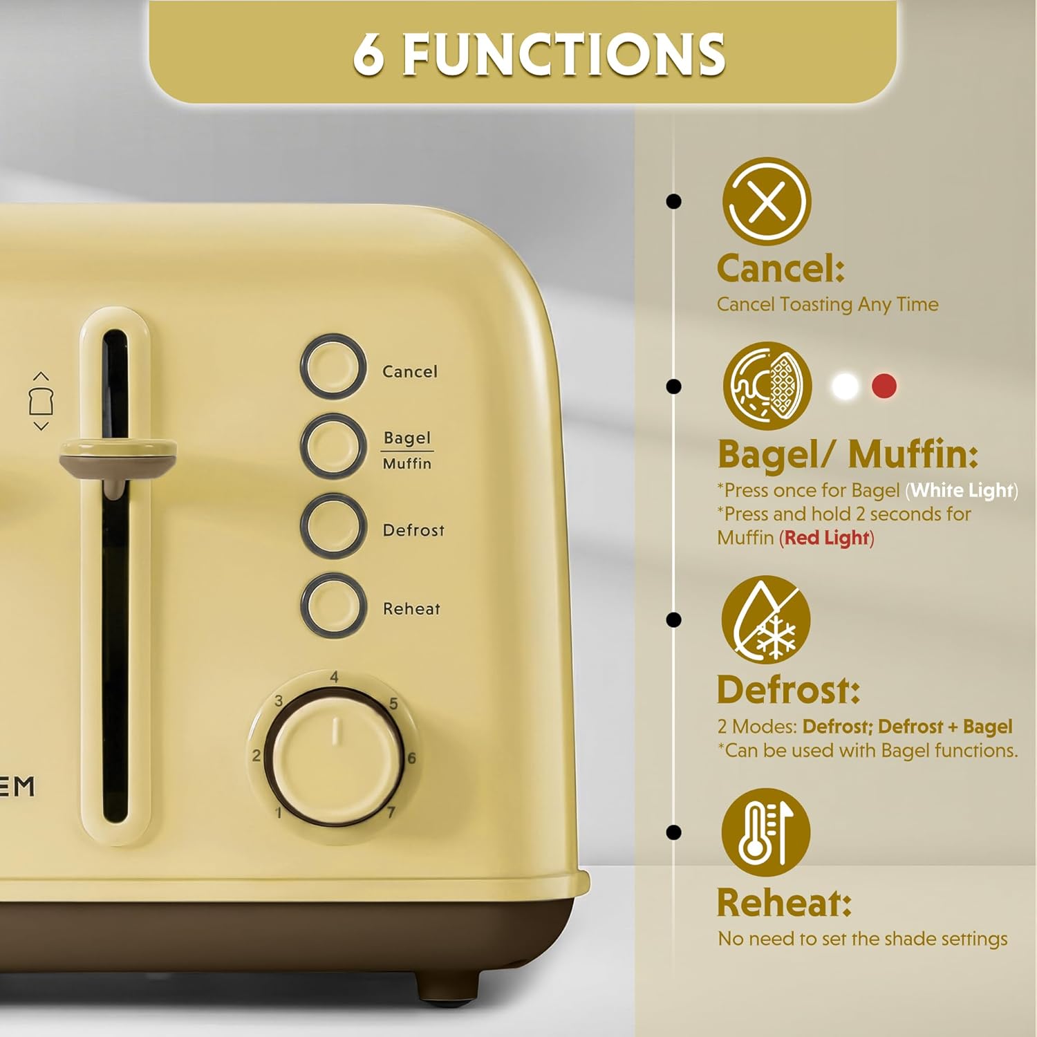 BUYDEEM DT640 4-Slice Toaster, 7 Shade Settings, Extra Wide 1.5’’ Slots for Bagel & English Muffin, 6 Toasting Functions, Retro Stainless Steel Toaster with High Lift Lever, 1800W, Mellow Yellow
