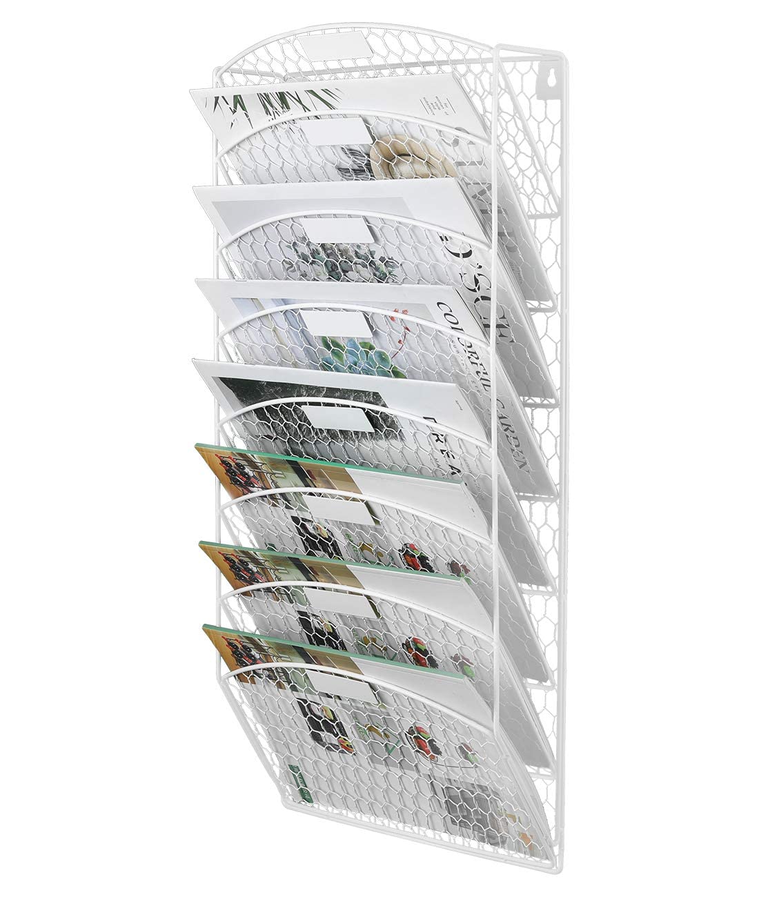 Photo 1 of EasyPAG 8 Tier Wall File Holder Hanging Mail Organizer Metal Chicken Wire Wall Mounted Document Magazine Rack for Home and Office,White 8 Tier White