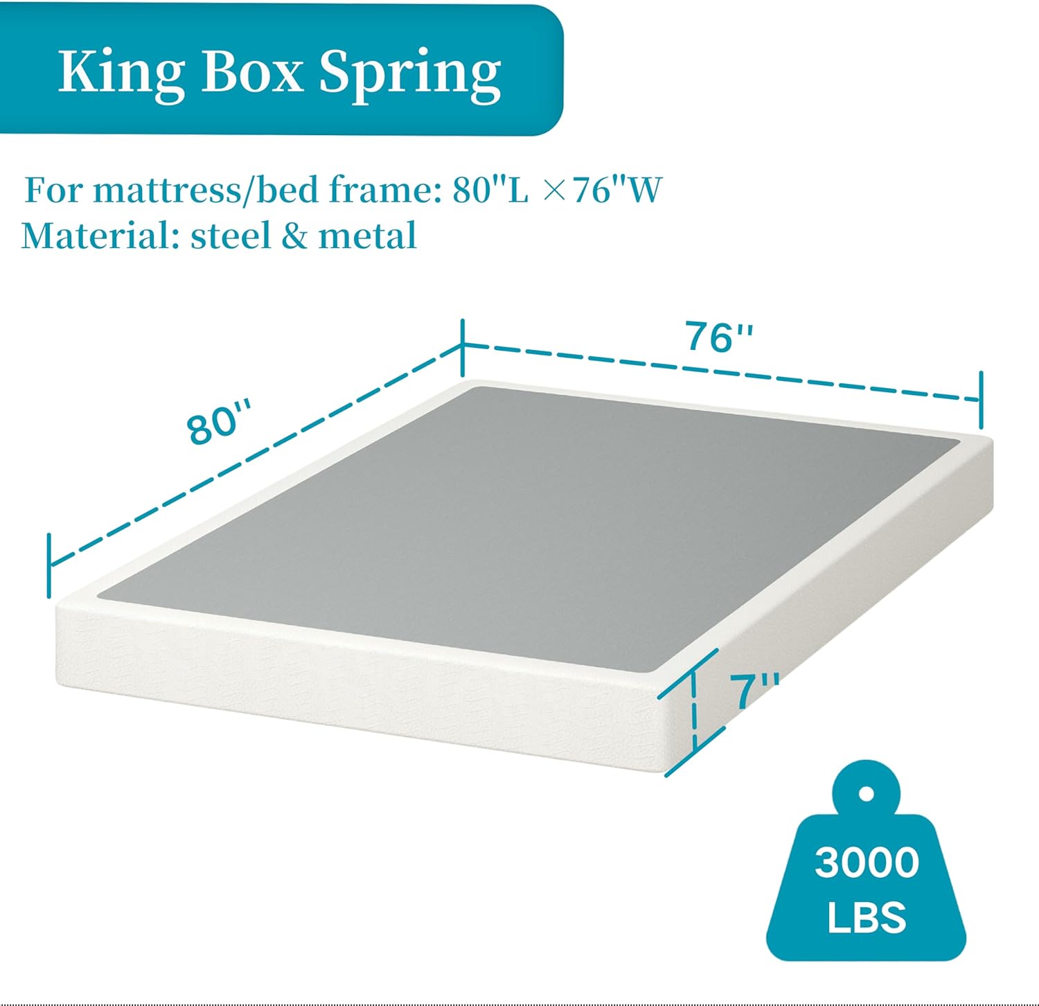 7 Inch Box Spring for King Bed,High Profile Strong Metal Frame Mattress Foundation, Quiet Noise-Free,Easy Assembly, 3000lbs Max Weight Capacity