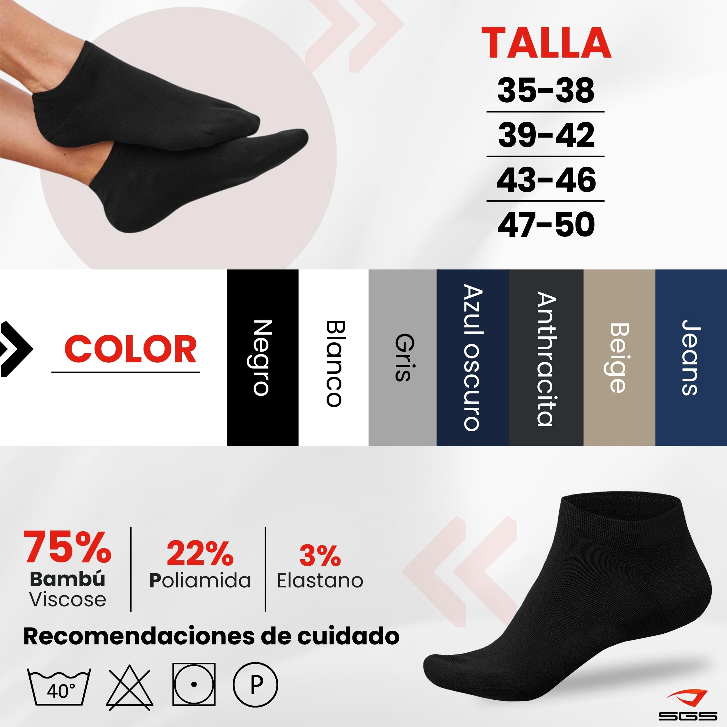 SGS Calcetines Tobilleros Hombre De Bambú, Paquete De 5 o 10 Unidades, Calcetines Hombre y Mujer Cómodos y Transpirables
