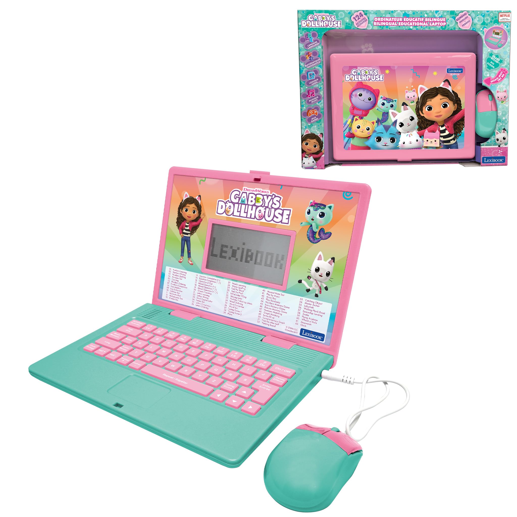 Lexibook, Gabby's Dollhouse, Bilingual ENGLISH/FRENCH Educational computer, Toy for children with 124 language, writing, maths, logic, music activities and games, Pink/blue, JC598GDHi1LXB