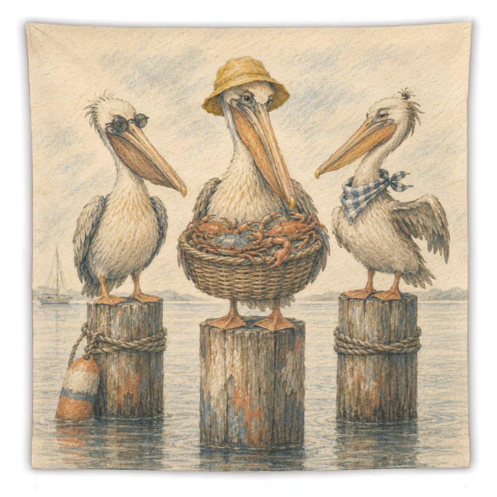 W7C8U2X3 Pelicans on Wooden Posts Wall Tapestry, Watercolor, Dorm Room