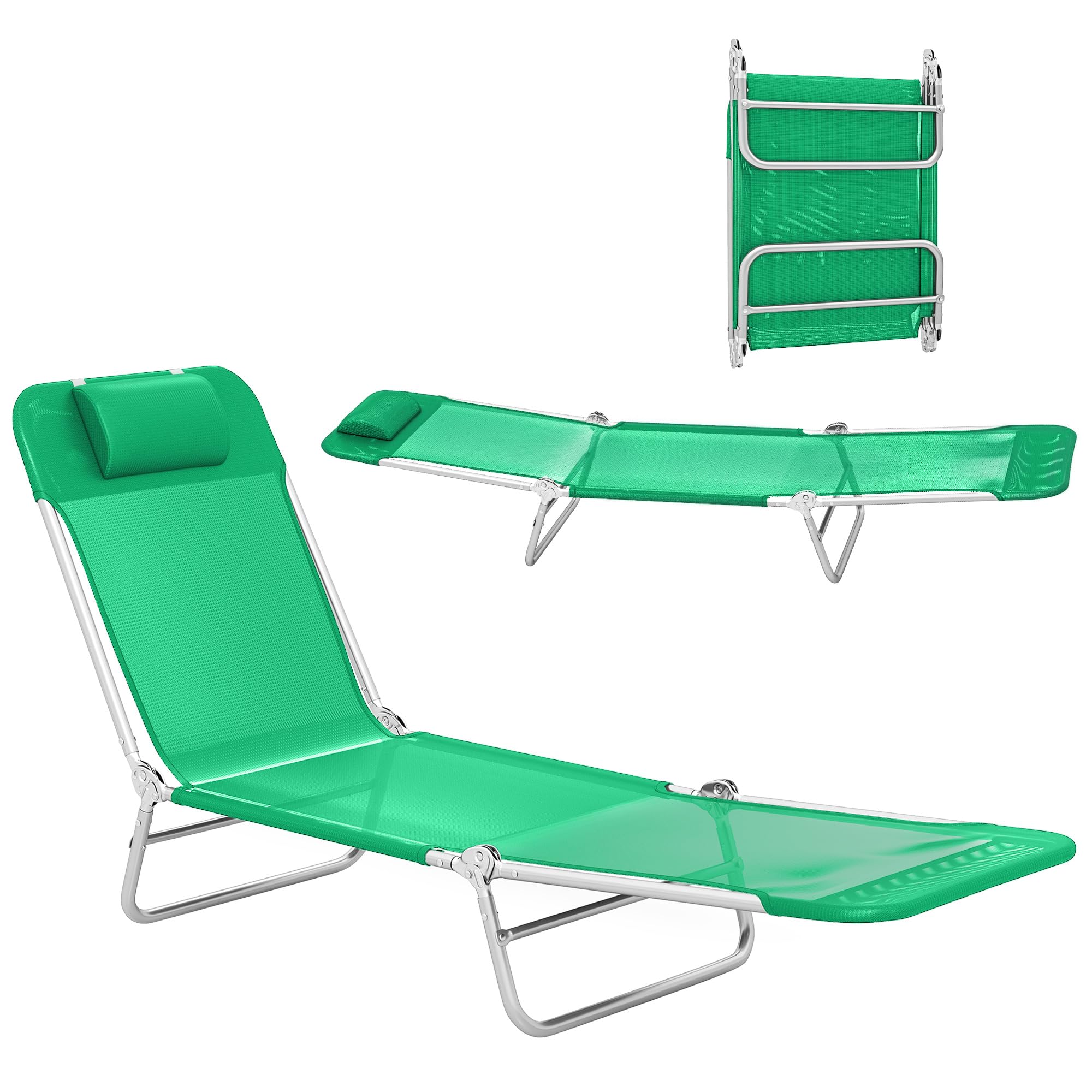 Outsunny Folding Sun Lounger for Garden, Texteline Reclining Sun Bed with 5 Position Adjustable Backrest, Headrest, Portable Garden Lounger Recliner Chair for Beach, Patio, Camp, Dark Green