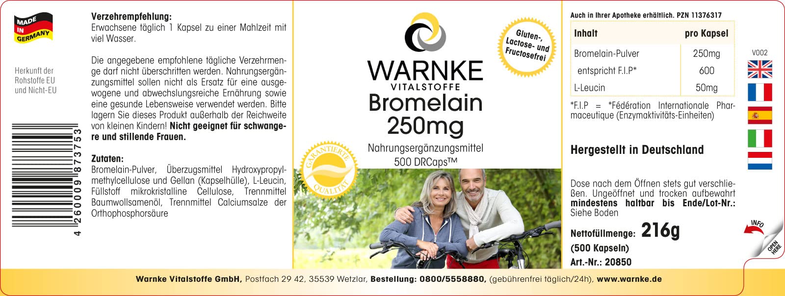 Bromelain 250mg - hochdosiert - 500 Kapseln - schluckfreundlich - Großpackung - vegan - Ananasenzym | Warnke Vitalstoffe - Deutsche Apothekenqualität