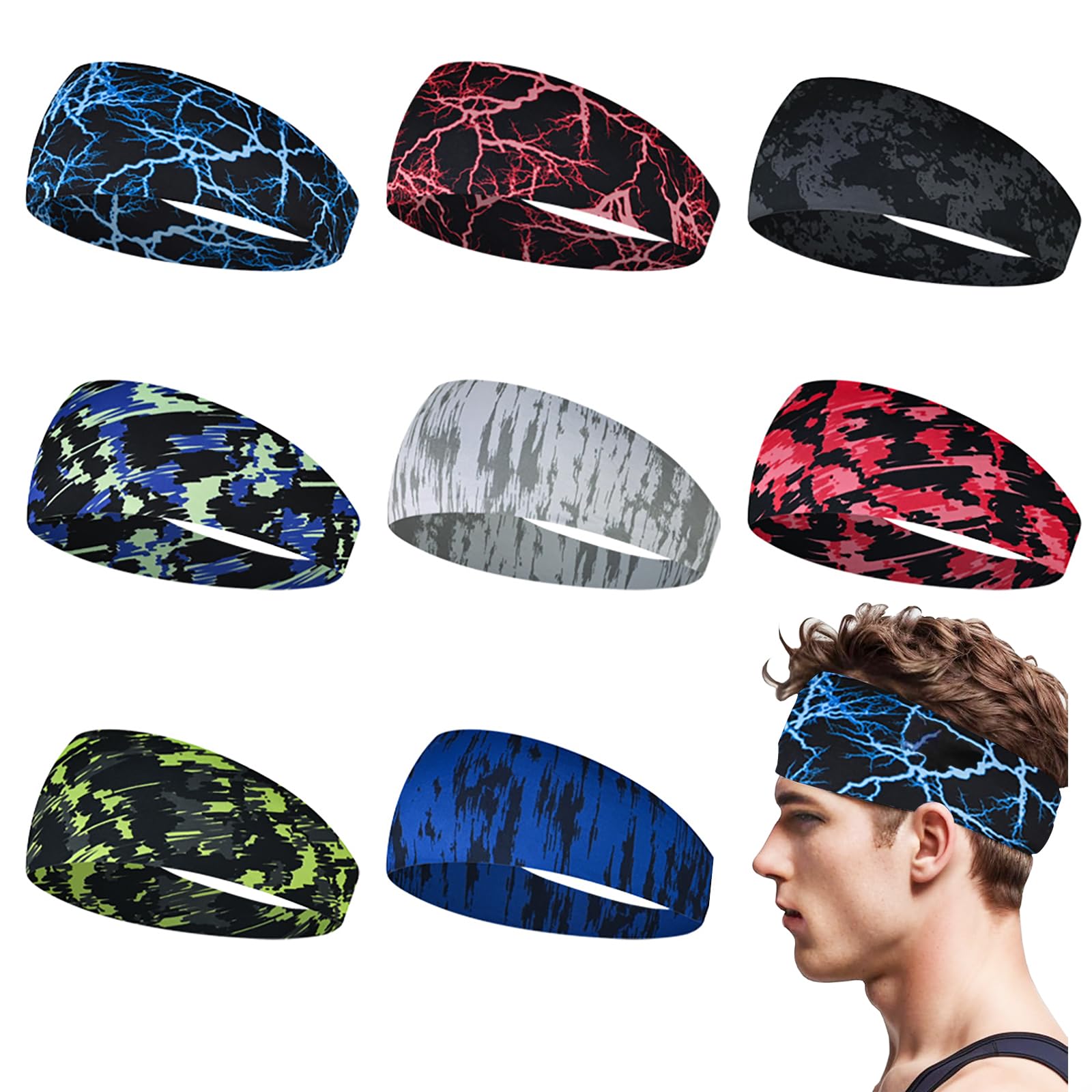 Sports Headband for Men 9 Pack Sweat Headbands for Men Running Workout Headbands Wide Sweatband Mens Stretchy Headband for Running Cycling Football Basketball Yoga
