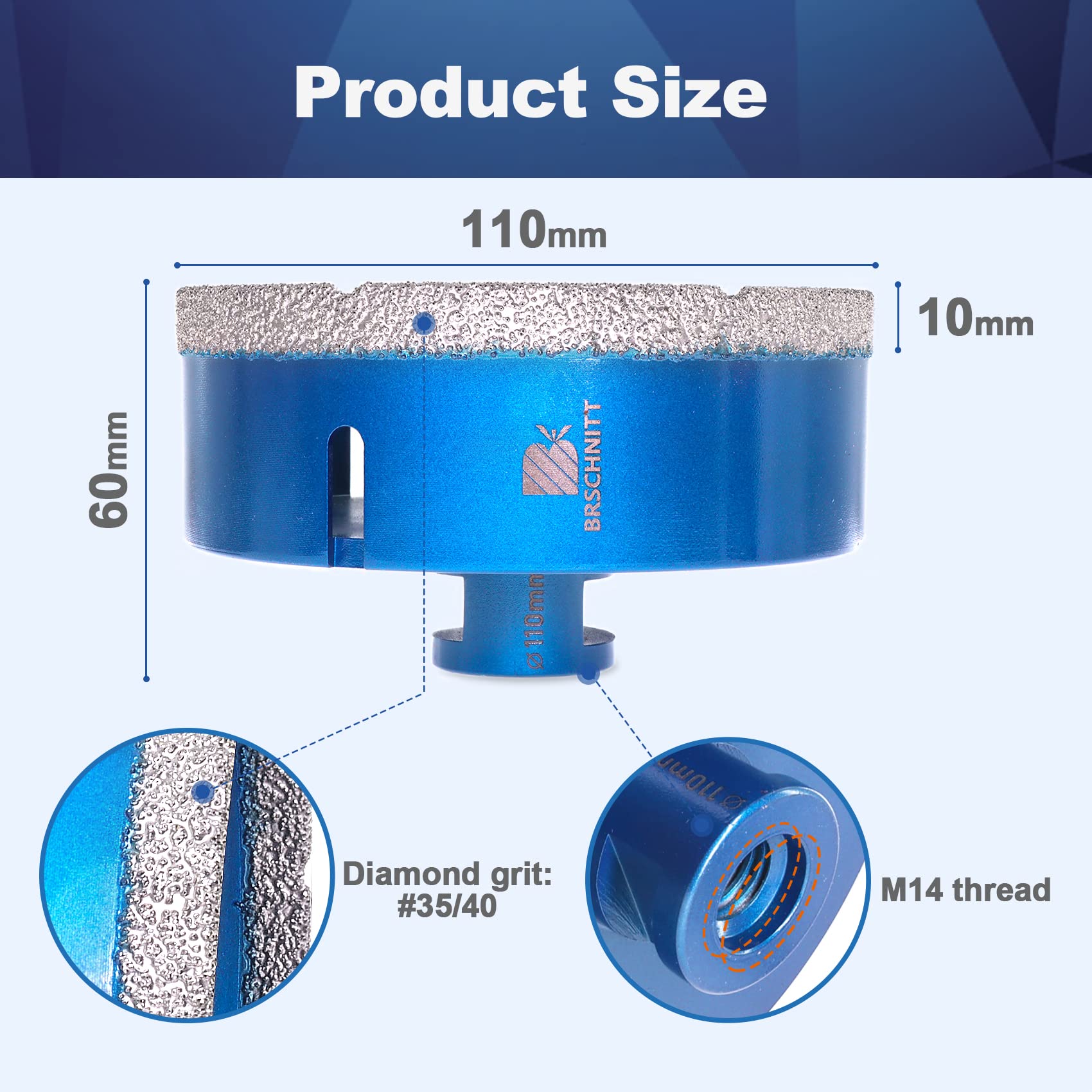 Broca de Diamante 110MM - BRSCHNITT Vacío Soldadura para Perforación en Seco Porcelana Azulejo Granito Mármol M14
