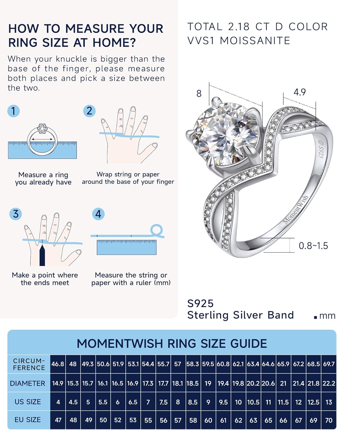 MomentWish Engagement Ring for Women, Moissanite Promise Ring, D Color VVS1 Simulated Diamond 925 Sterling Silver Halo Ring, Wedding Rings for Anniversary Valentine's Day