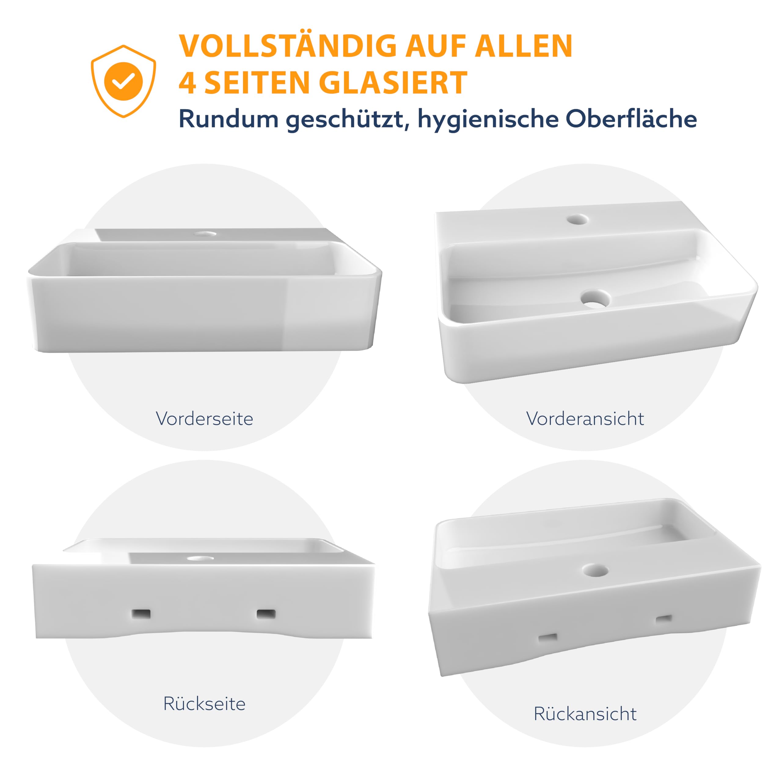 HOGART lavabo pequeño baño 45x28cm con seno a la derecha, lavabo de cerámica blanco rectangular, lavabo suspendido pared o sobre encimera, con orificio para grifo, sin rebosadero, ideal aseo invitados - 5