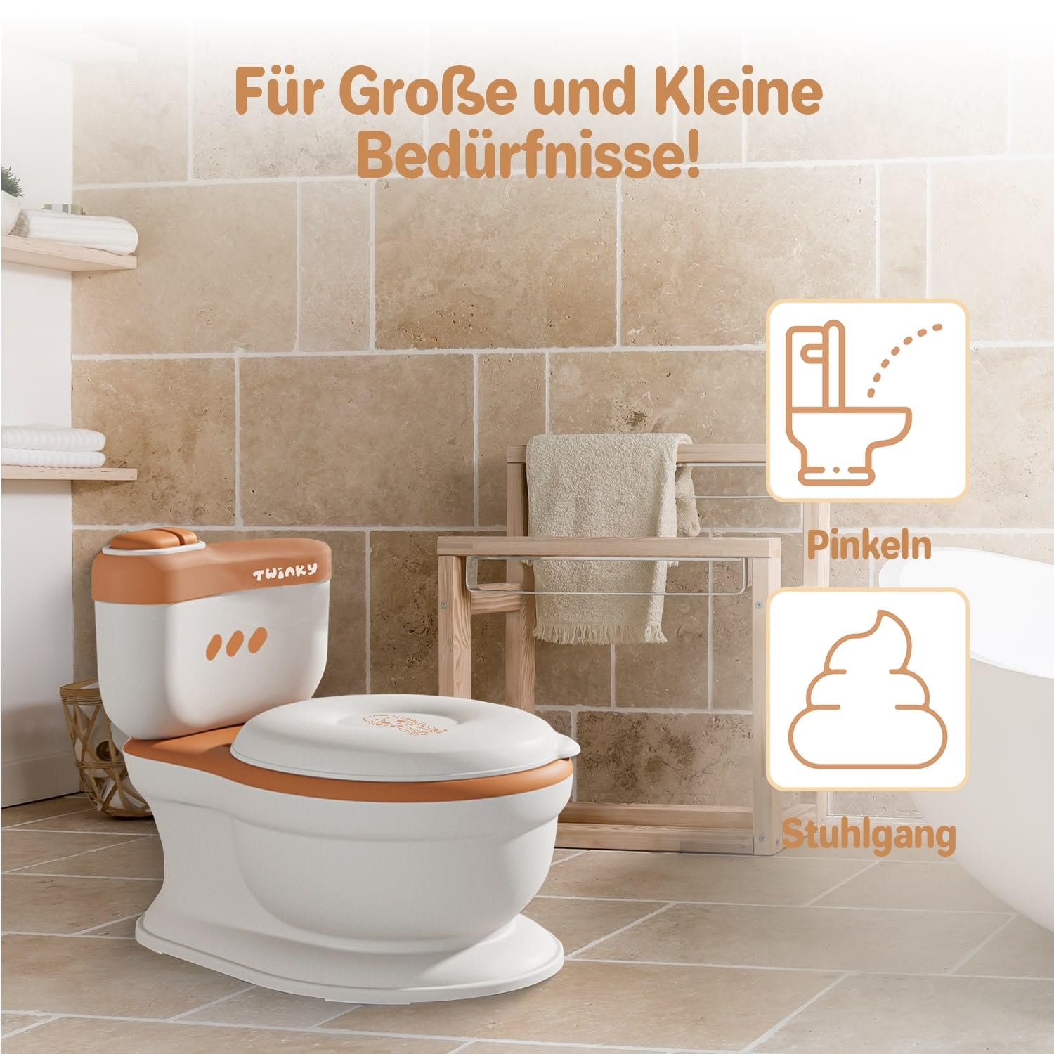 Twinky® Töpfchen für Baby & Kind – 3-in-1 Potty Trainer & Kindertoilette für Baby Toilette Inkl Spülklang, kompaktes Design, Musik und Rollenhalter – perfekter Toilettensitz für Kinder – Braun
