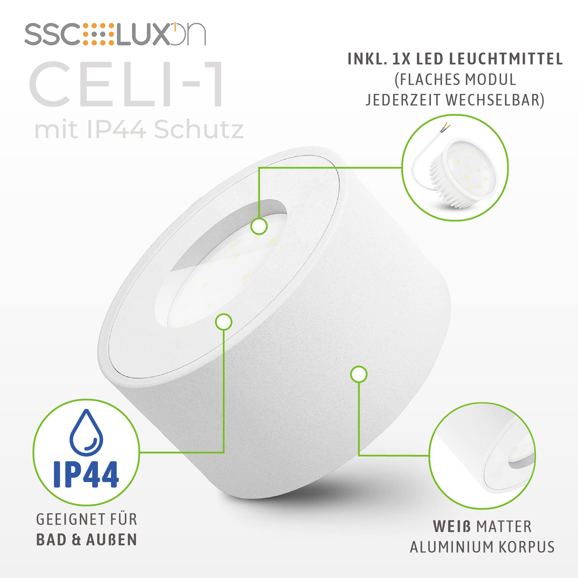SSC-LUXon 4er Set CELI-1 Aufbauspots weiß IP44 mit fourSTEP Dimmbar ohne Dimmer LED 230V - Spots 4W warmweiß breiter Abstrahlwinkel
