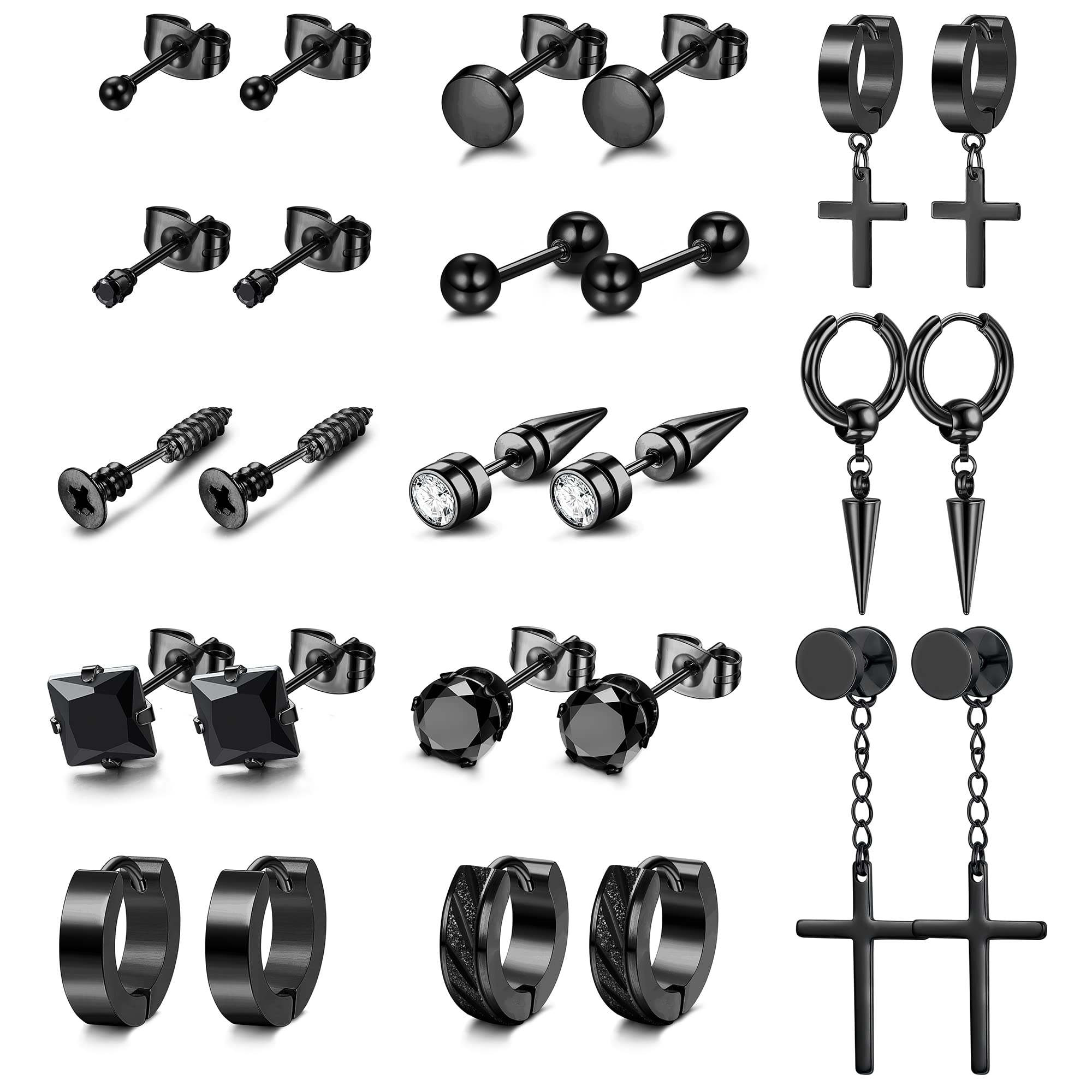 Adramata 13 Paia Pendientes para Hombre Juego de Pendientes de Aro Acero Inoxidable Pendientes Cruz Colgantes Punk Pendientes Oro Plata Negro Pendientes para Hombre Mujer