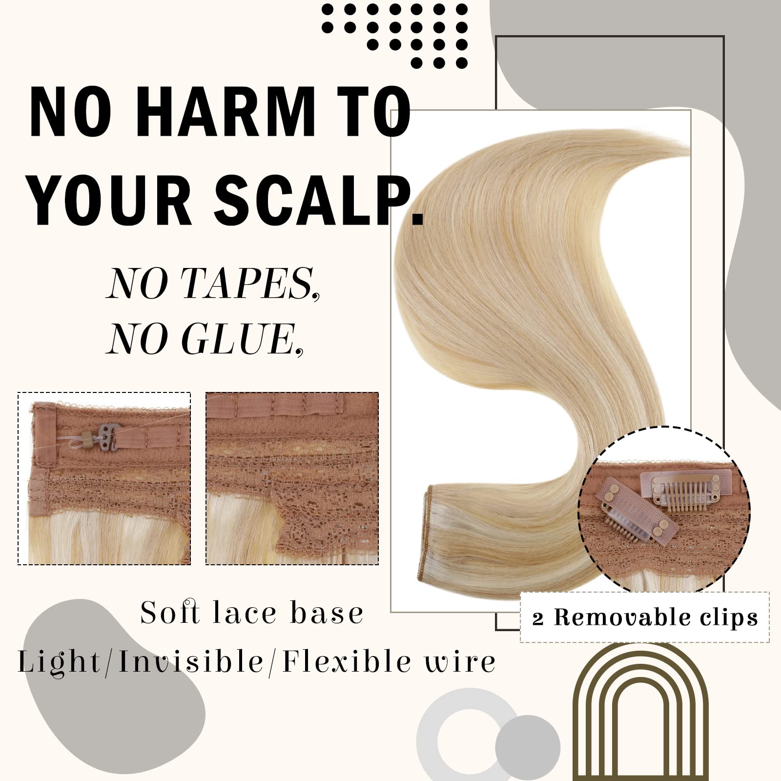 RUNATURE Blonde Wire Hair Extensions Human Hair Highlighted Ash Blonde Invisible Wire Hair Extensions with Transparent One Piece Human Hair Extensions 16 Inch 80g - Image 2