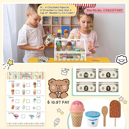Miniatura 3 de Juguetes de helado de madera para niños, juguetes de cocina con cucharada, menú y dinero falso, juego de tienda de helados para niños de 3, 4, 5, 6