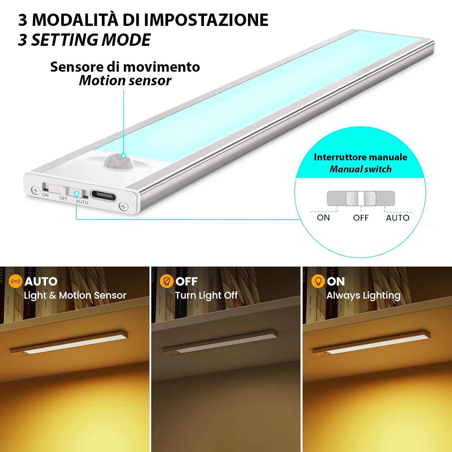 Velamp Lactea XL Luce LED Ricaricabile da Sottopensile 40 cm – 150 lm, Dimmerabile (3000 K, 4000 K, 6500 K), Batteria Inclusa, Facilità di Installazione – Ideale Cucina, Armadi, Mensole