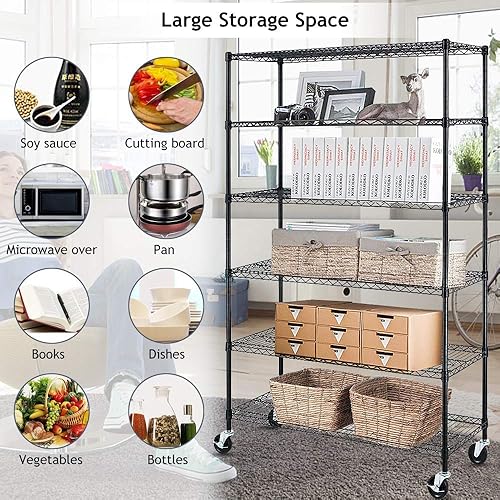 Miniatura 6 de Dkeli Estantes de almacenamiento de 6 niveles de alta resistencia NSF con ruedas, capacidad de peso 6000, unidad de alambre ajustable de grado