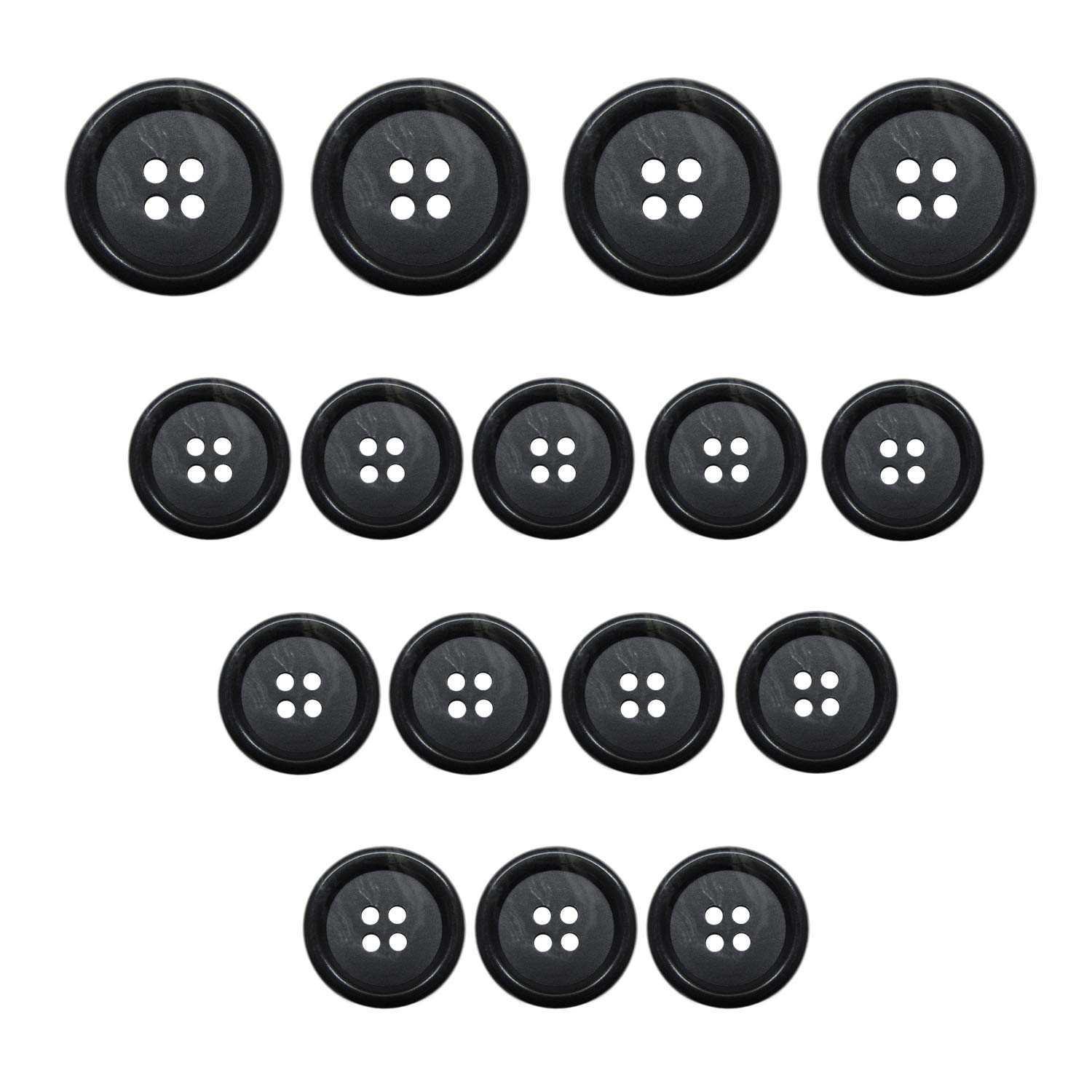 ButtonMode Faux Buffalo Horn Suit Buttons 16pc Set has 4 Buttons Measuring 20mm (13/16 in) for Jacket Front, 12 Buttons Measuring 15mm (9/16 in) for Jacket Sleeves and Pants, Dark Gray, 16-Buttons