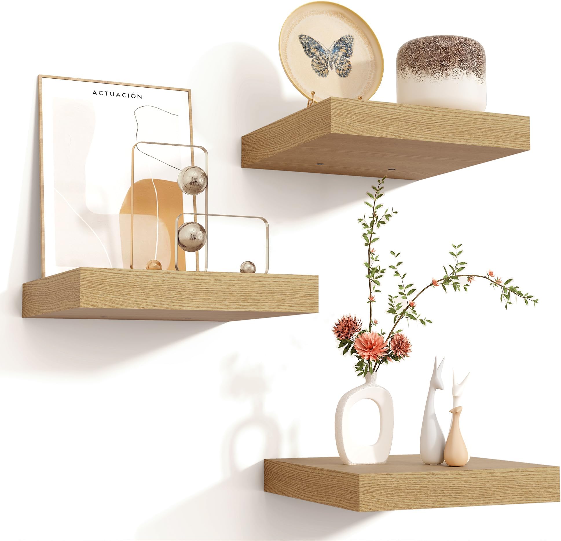 Square Floating Shelves for Wall 8"W x 8"D x 1.2"H, Small Engineered Wood Wall Shelves with Invisible Brackets for Living Room Bedroom Bathroom Office Kitchen Storage & Decor, Oak Finish, Set of 3