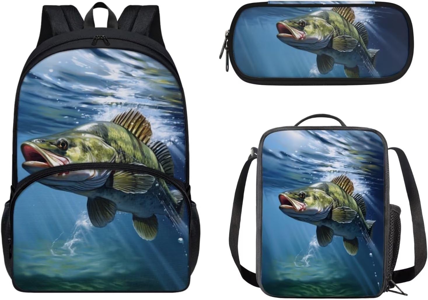 Kids School Bookbag Bass Fish Backpack for Boys 6-8 With Lunch Box and Pencil Case 3 Piece Rucksack Backpack Set for Student Black Backpacks for Casual Camping Travelling Picnic