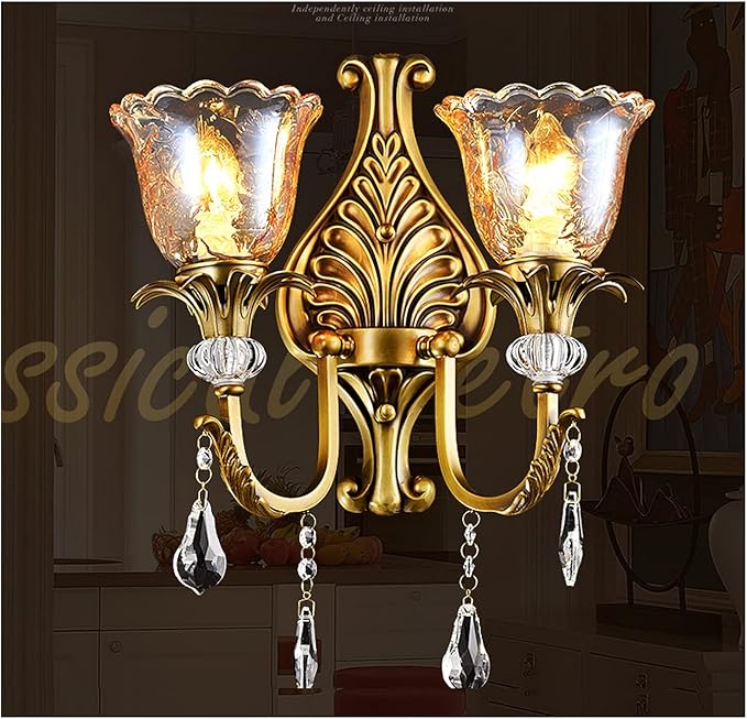 TANYTAO-SHOP Wandlamp Wandlampen Europese stijl koperen muur lamp woonkamer achtergrond wandlamp luxe retro slaapkamer nachtkastje kristal koperen lamp voor Spiegel, Woonkamer, Slaapkamer, Hal (Color : B)