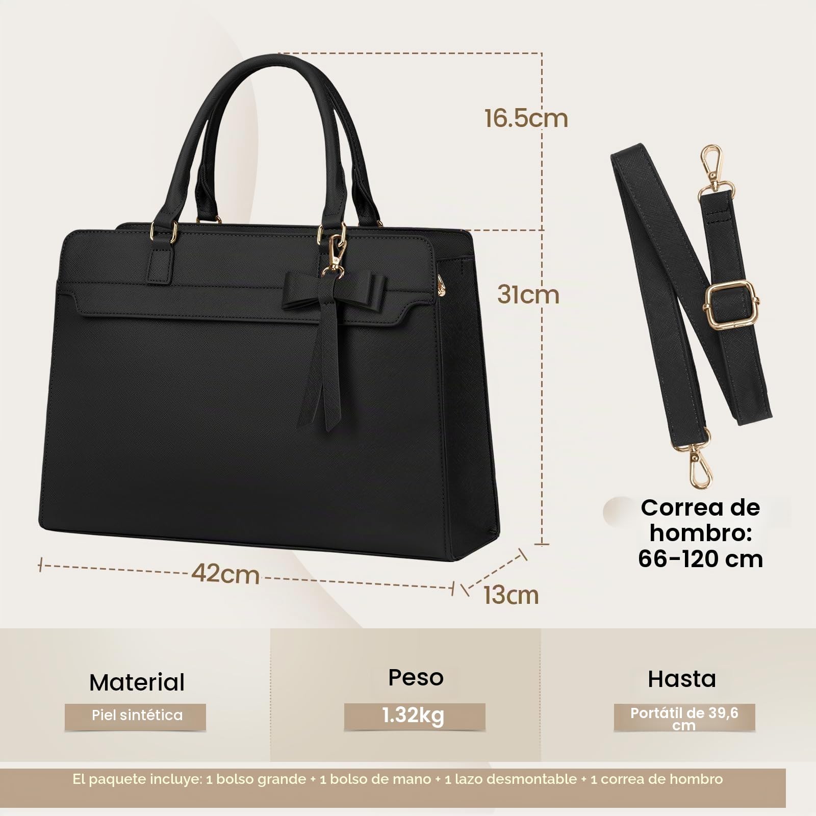 RAINSMORE Bolso Grande Mujer Cuero PU Shopper Impermeable Portatil Ordenador 15.6 Pulgadas Tote 2 Piezas para Universidad Oficina Trabajo Negro