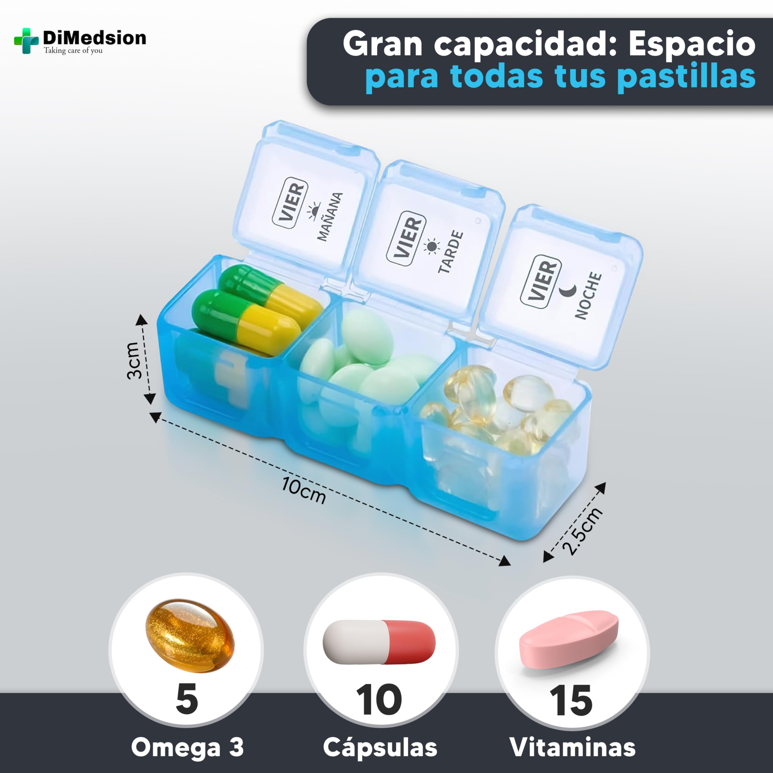 Pastillero Semanal 3 Tomas Español con cortador de pastillas | Pastillero Semanal 3 Tomas, Pastilleros Semanales 3 Tomas con Organizador Medicamentos, Caja para Medicamentos (Negro)