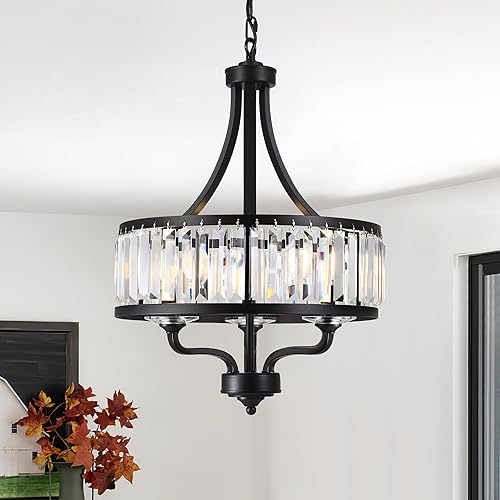 Miniatura 9 de Lámpara de araña moderna negra de cristal, lámpara de araña de 5 luces para comedor de estilo granja sobre mesa, lámpara colgante industrial de