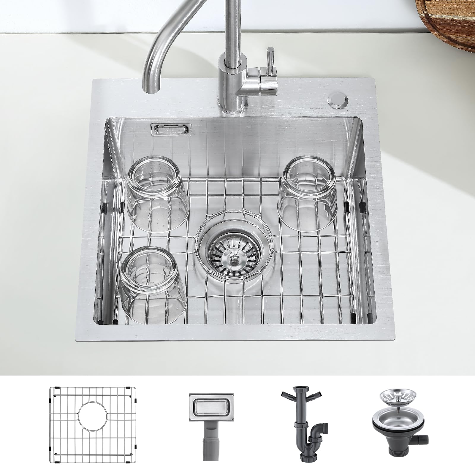 KEOKBON 304 Stainless Steel 45x45cm Kitchen Sink with 2 Tap Hole, Drop In Sink Trap Whole Set with Waste and overflow, with 2 Connections for Dishwasher/Washing Machine, 1 Bowl
