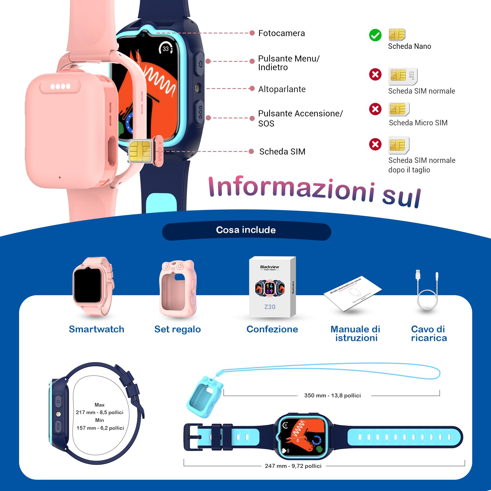 Blackview Smartwatch per Bambini, 1.75 Inch TFT Smartwatch Chiamate GPS 4G, Chat Vocale, Videochiamata, SOS, Gioco, Fotocamera, Calcolatrice, Contapassi, Sveglia, Batteria da 800 mAh