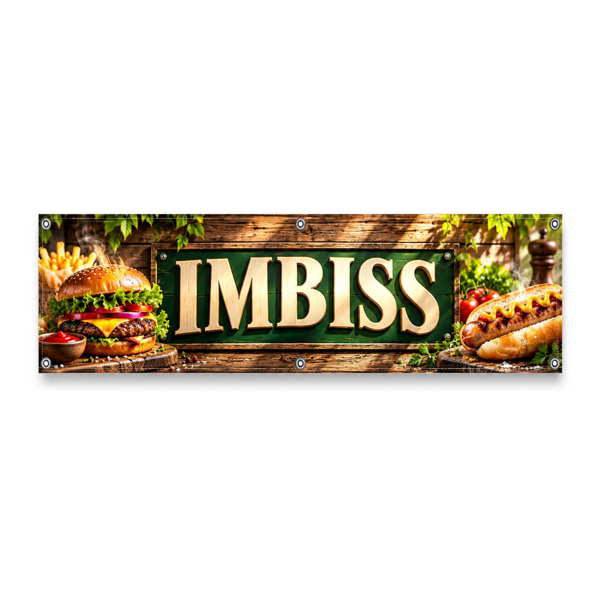 Imbiss - Werbeplane 300x100 cm - 510 g PVC Banner Plane für Innen und Außen - wetterfest für Außenwerbung Innenbereich Geschäft Marktstand Veranstaltung Gastronomie