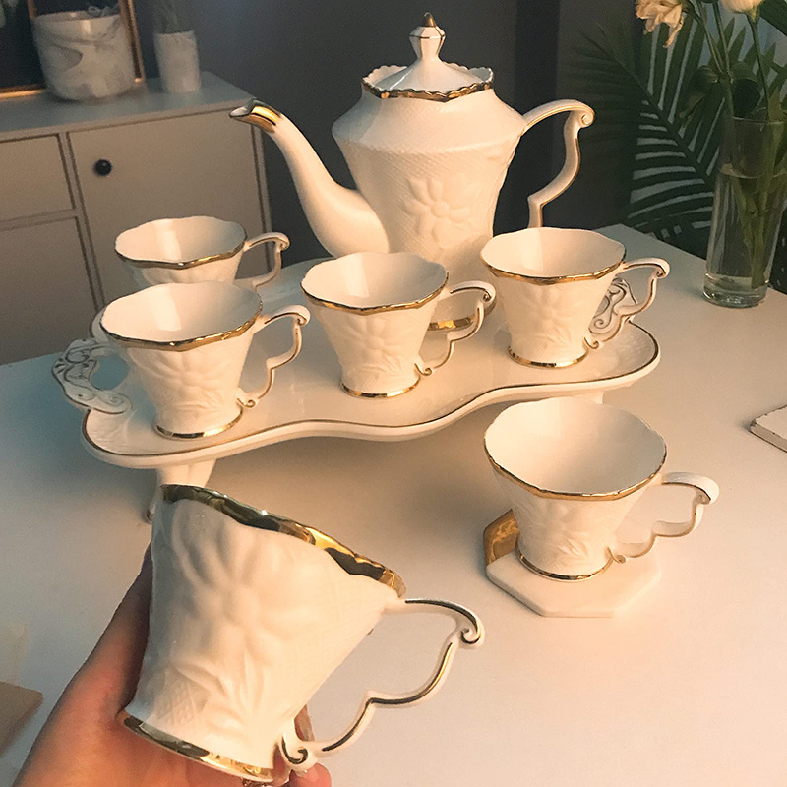 zestaw do herbaty, Filiżanka do kawy i spodek Zestaw herbaty dla dorosłych z czajnikiem Porcelanowy serwis podwieczorku Herbata kwitnąca