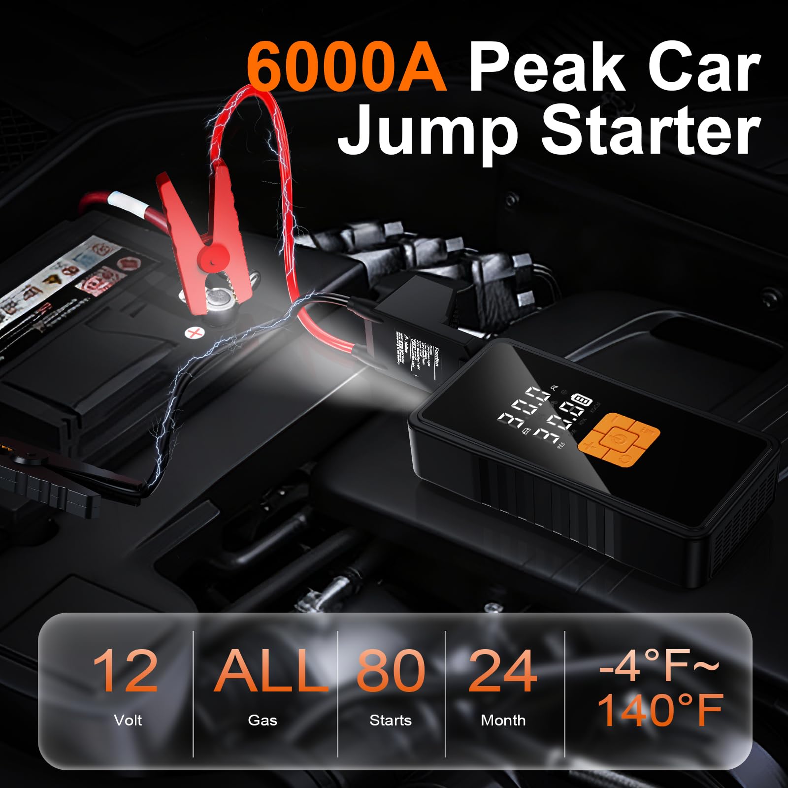 Preciva Arrancador de BateríAs de Coche 6000A，Jump Starter 12v, Linterna LED de Emergencia,Carga RáPida, Utilizado en Coches, Motos, Bicicletas
