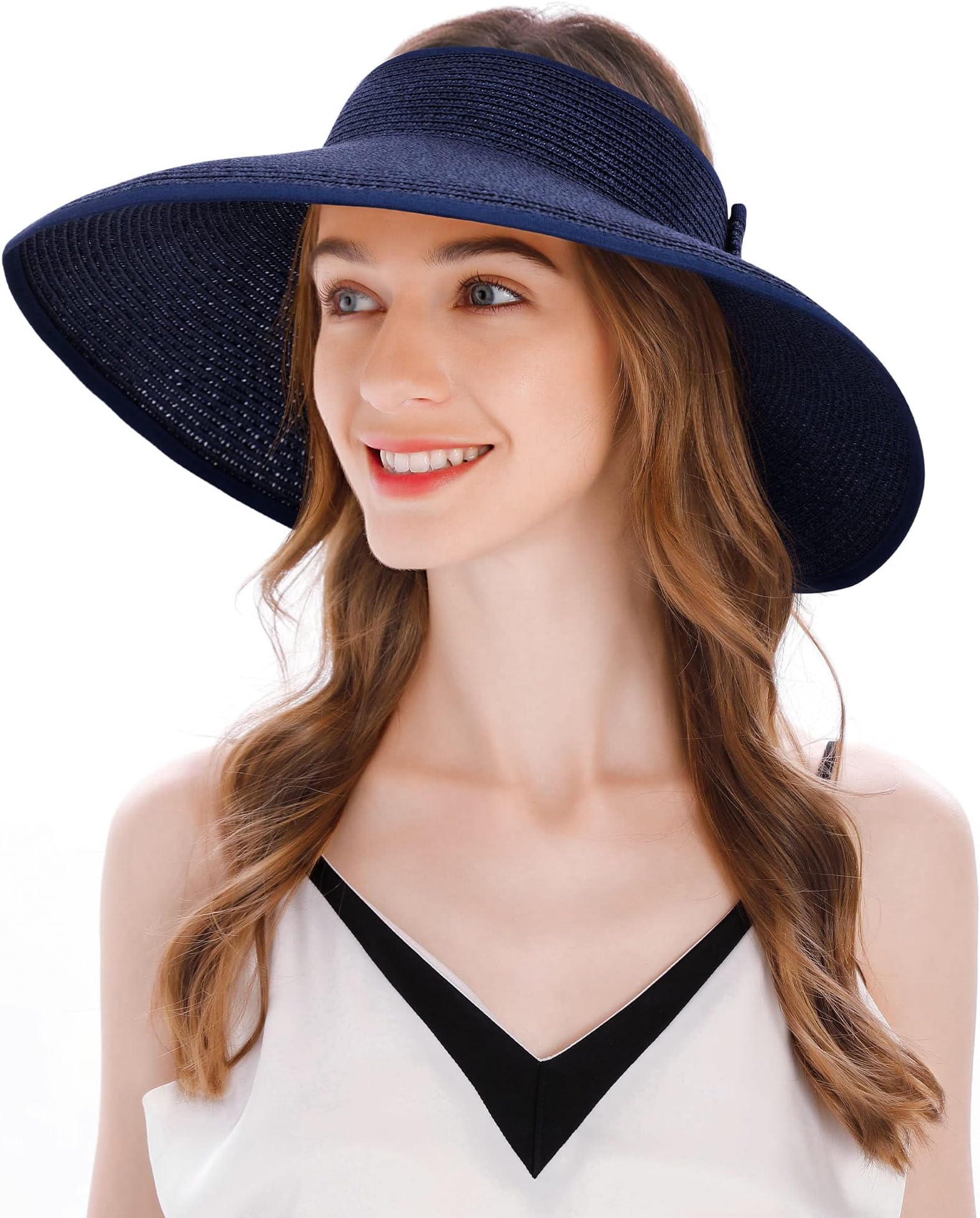 Womens Sun Hat Wide Brim Hats for Women Straw Sun Visors Roll Up Ponytail Beach Hats for Women