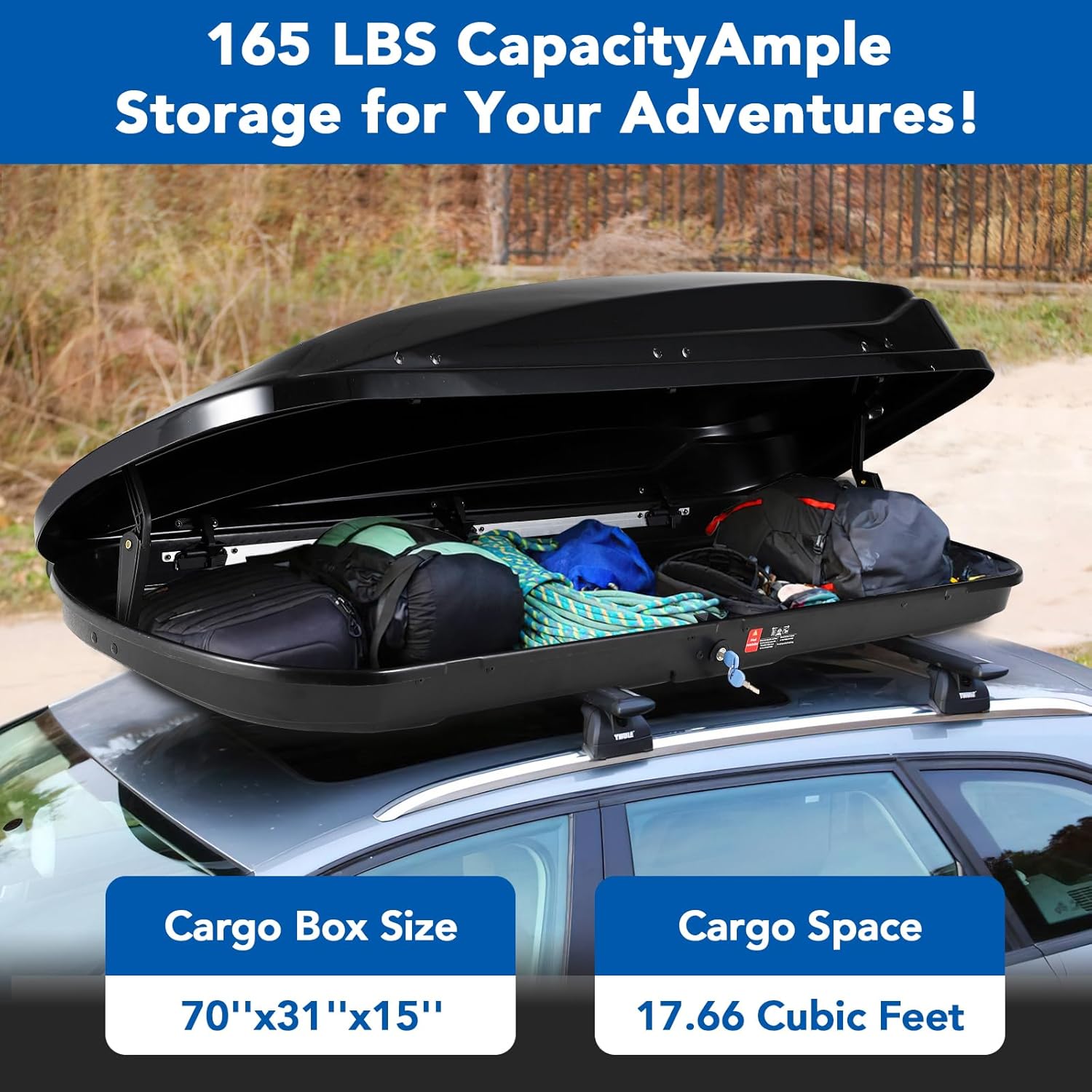 Image showing the cargo box open and loaded with various items, demonstrating its capacity.