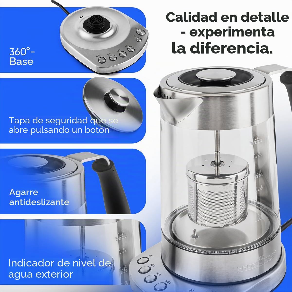 ProfiCook PC-WKS 1020 G Tetera eléctrica, 3000 W, 1.7 litros, 1 Decibeles, Acero Inoxidable, Gris/Negro
