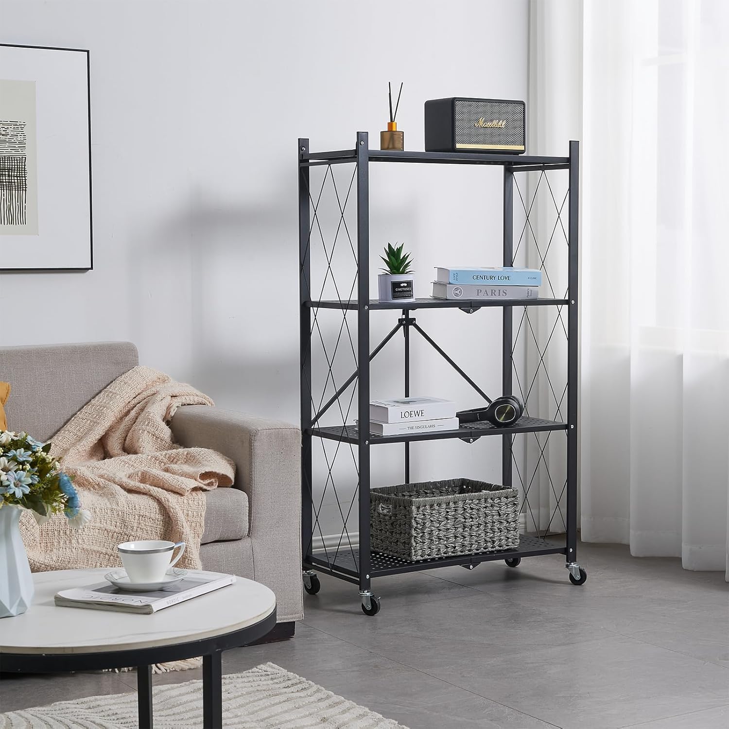 Lar Capaci nizer - Scaffale a 4 ripiani in metallo, per cucina, lavanderia e bagno, pieghevole, con ruote (nero)