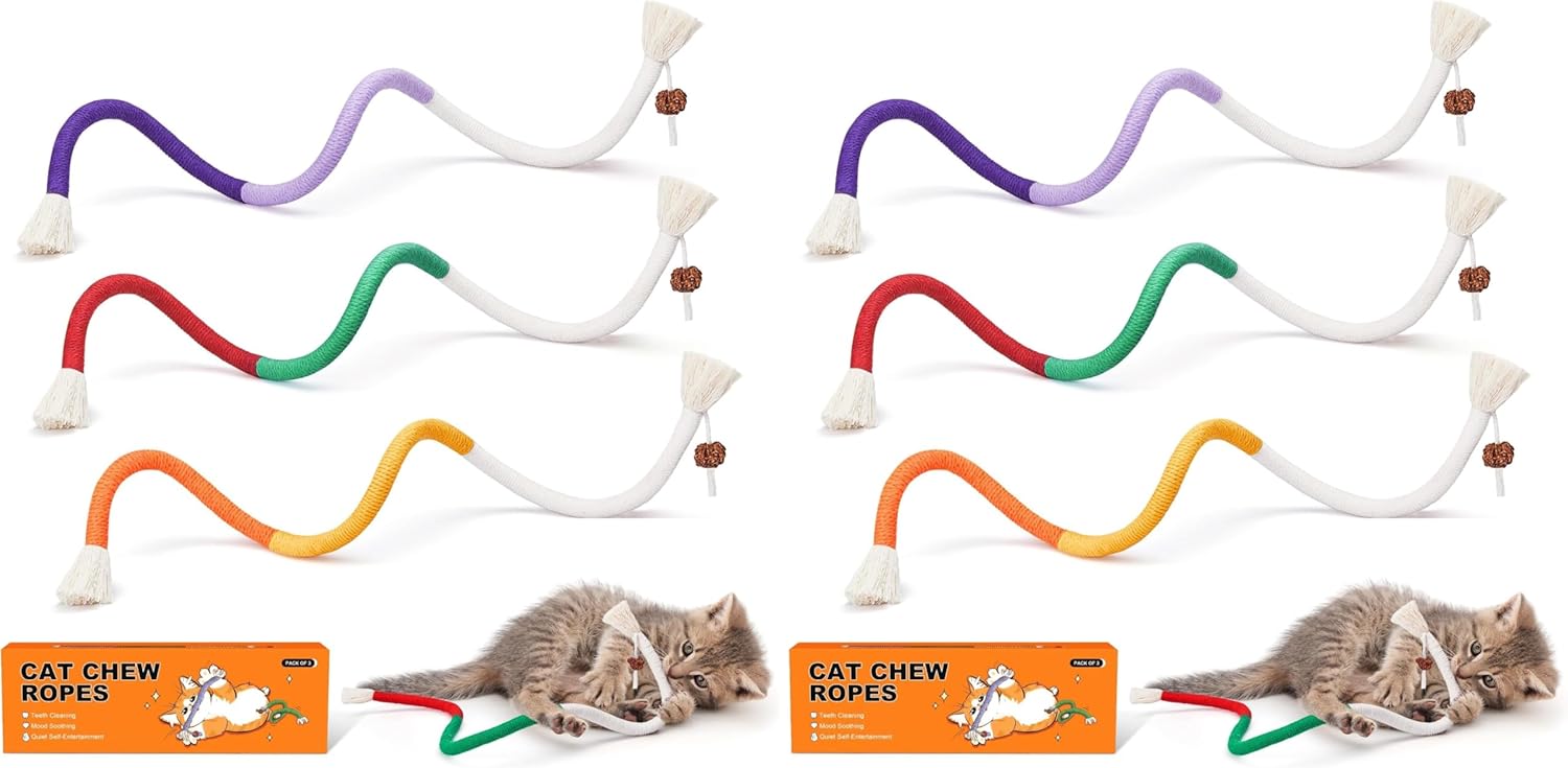 Potaroma Cat Toys Chew Ropes 3Pcs with Refillable Natural Catnip, Safe Teeth Cleaning Toy for Indoor Kittens, Interactive Cat Nip Kitty Toys for All Breeds 19.5 Inches (Pack of 2)