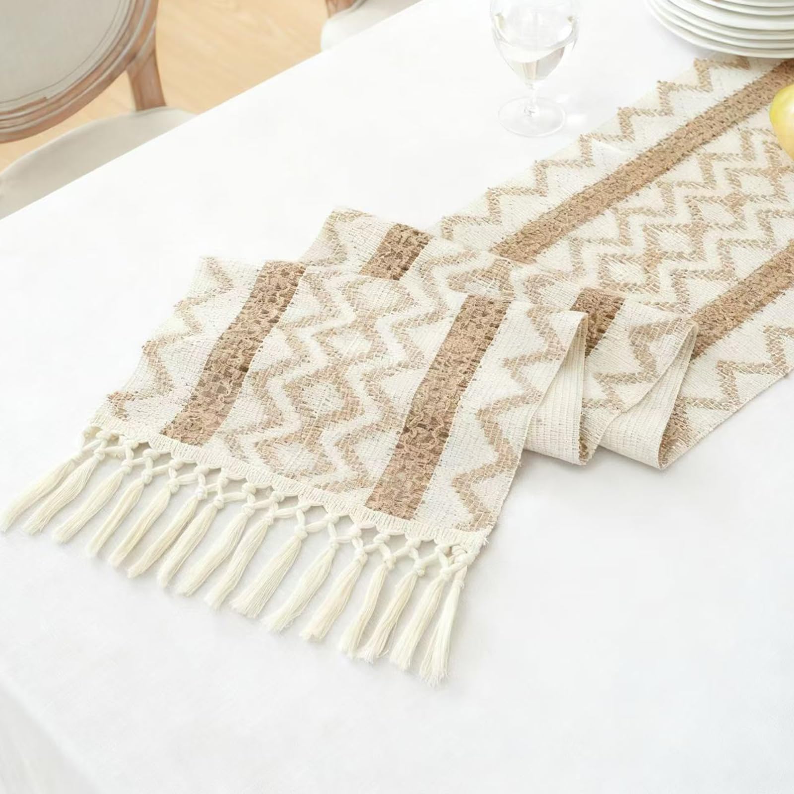 Auxemuen Boho Table Runner for Fall Thanksgiving Home Decor with Tassels 30*180cm Long Pottery barn Furniture Farmhouse Rustic Macrame Burlap Table Decoration for Living Room (Brown)