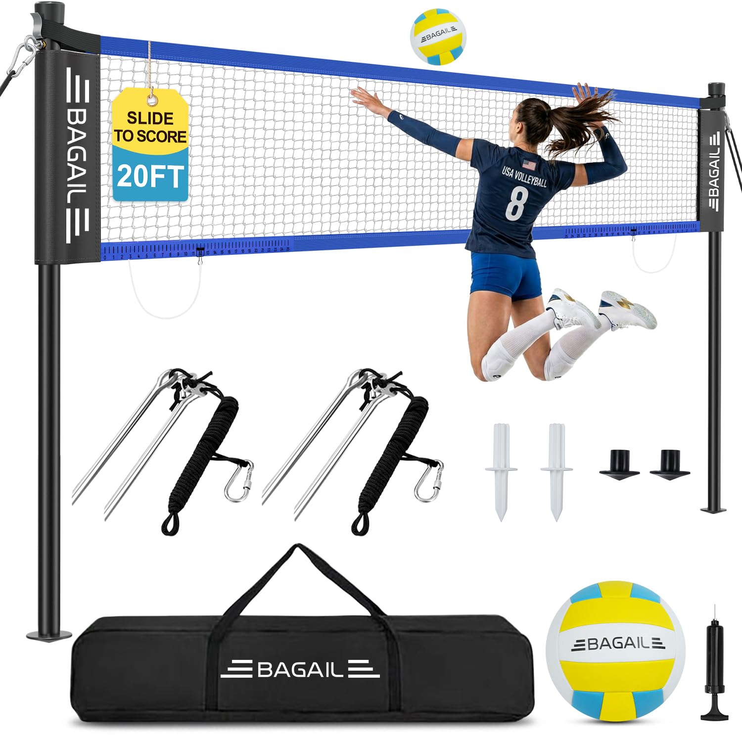 BAGAIL Outdoor Volleyball Net Set 20FT/32FT, Portable for Beach, Backyard