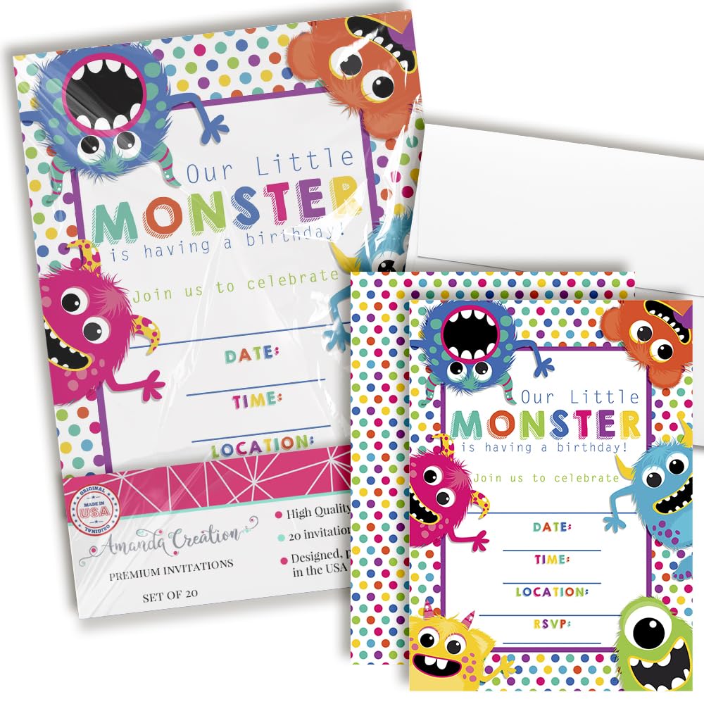 Colorful, Cute & Friendly Monsters Birthday Party Invitations, 20 5x7 Fill In Cards with Twenty White Envelopes by AmandaCreation