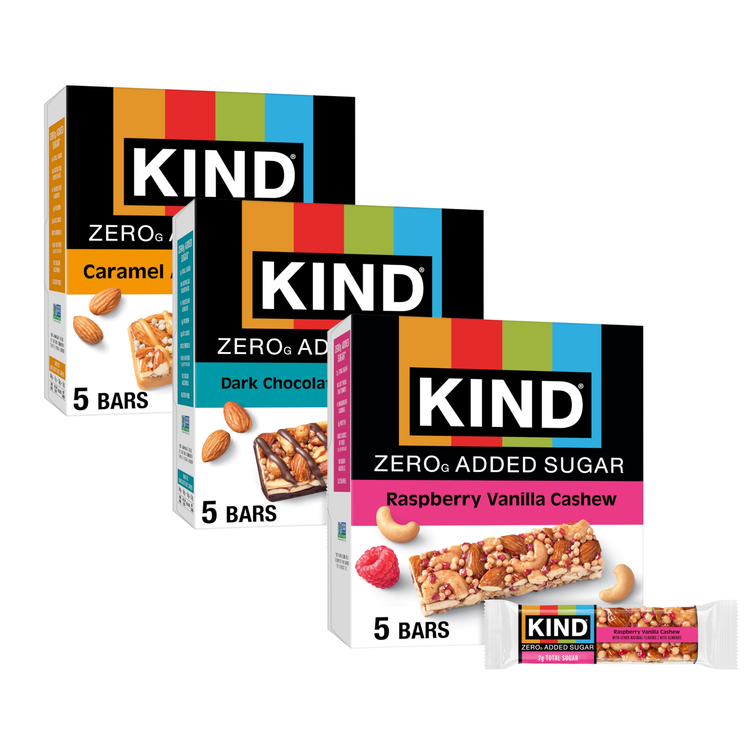 KIND Zero Added Sugar Bars Variety Pack, Dark Chocolate Nuts & Sea Salt, Caramel Almond Sea Salt, Raspberry Vanilla Cashew, Low Sugar, Keto-Friendly, 15ct