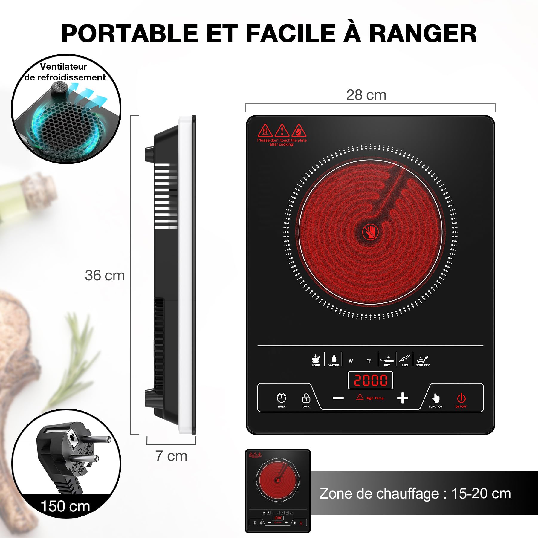 VBGK Plaque Vitrocéramique 1 Feu, Table de cuisson Electrique 2000W, Plaque de Cuisson avec Commande Tactile LED, 8 Niveaux de Puissance, Verrouillage Enfant