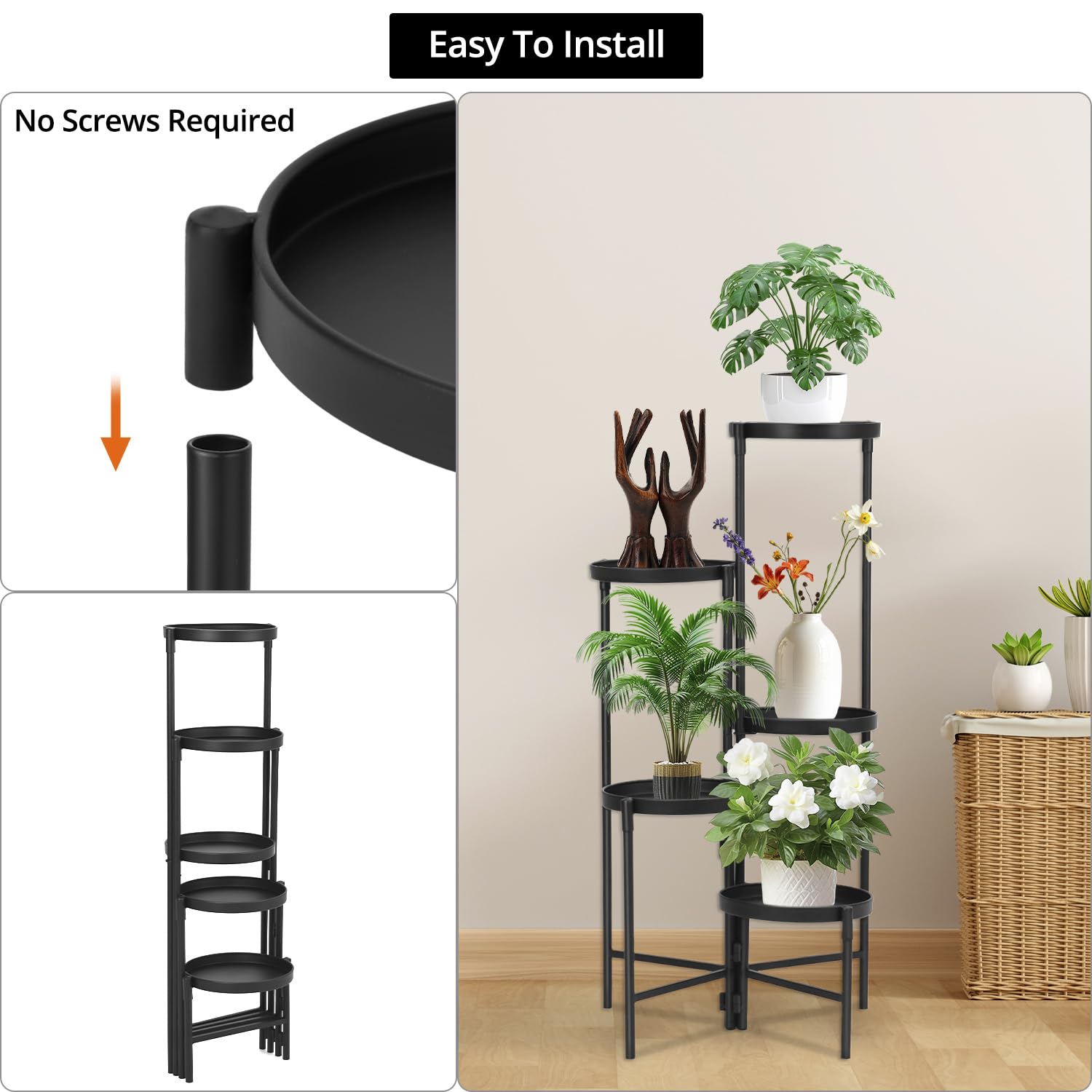 QWORK® 5 Tier Metal Plant Stand , Indoor Outdoor Plant Shelf , Tiered Flower Stand , Black - Image 3