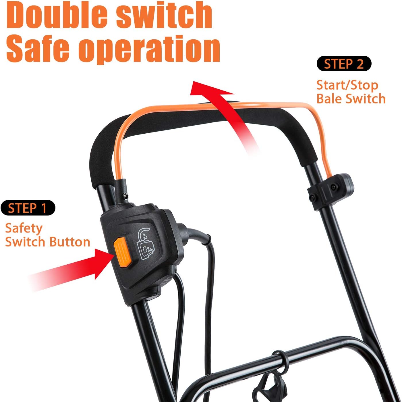 LawnMaster GV1314 double switch for safe operation, showing safety switch button and start/stop bale switch