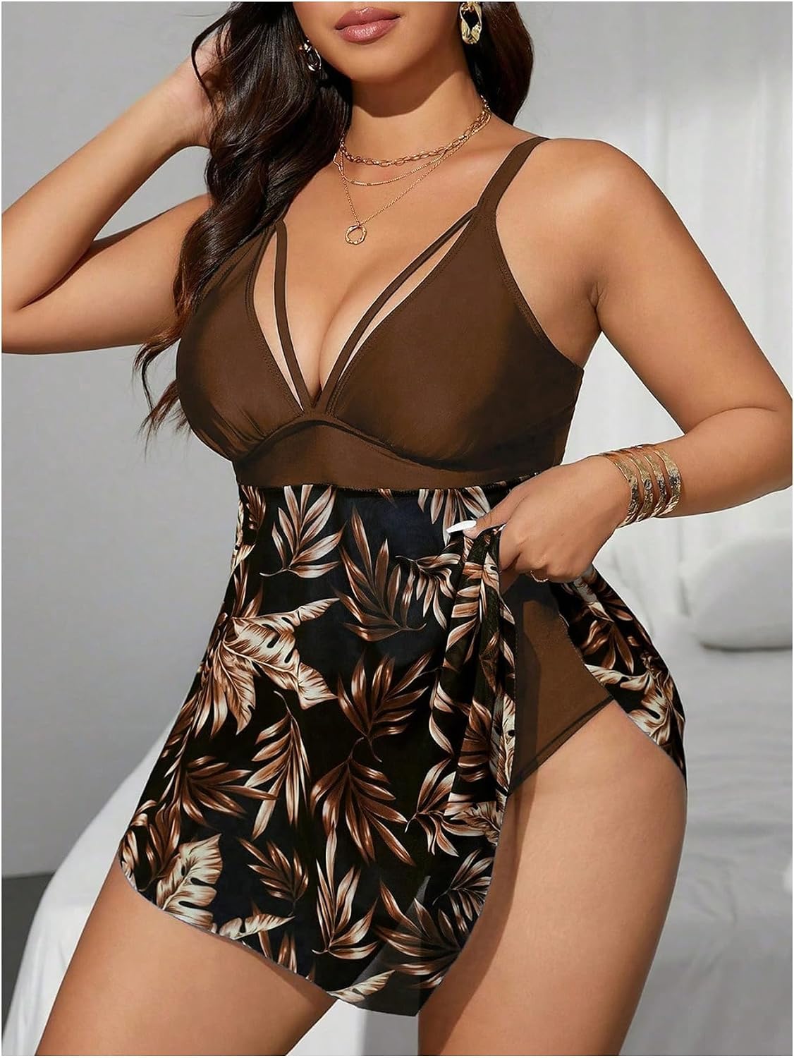 SHENHE Women's Plus Size 2 Piece Bikini Set V Neck Floral Mesh Flowy Tankini High Cut Bathing Suits