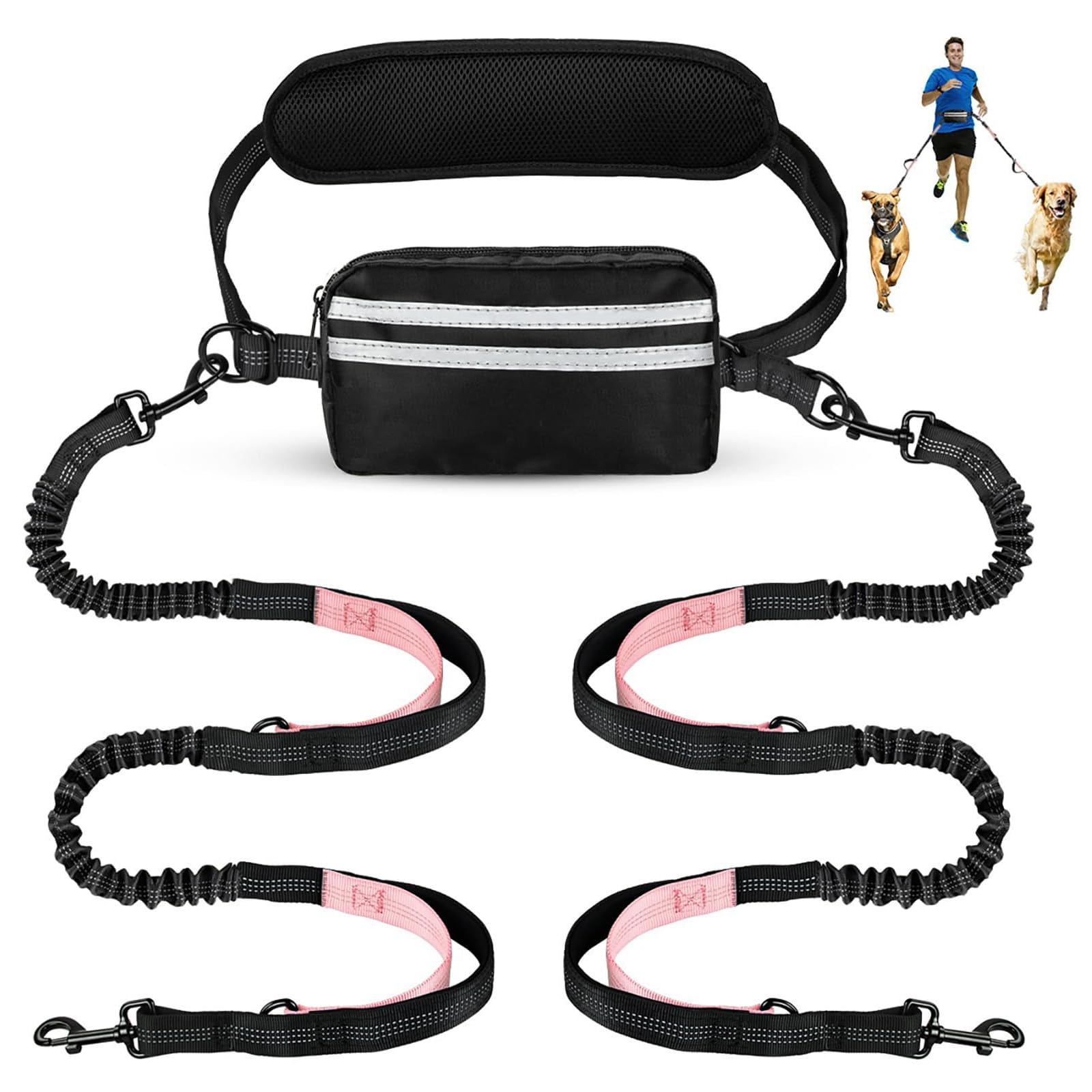 Risipu Guinzaglio per 2 cani a mani libere, cintura regolabile in vita con custodia e supporto per la vita, cuciture elastiche riflettenti per corsa, passeggiate, jogging (rosa)