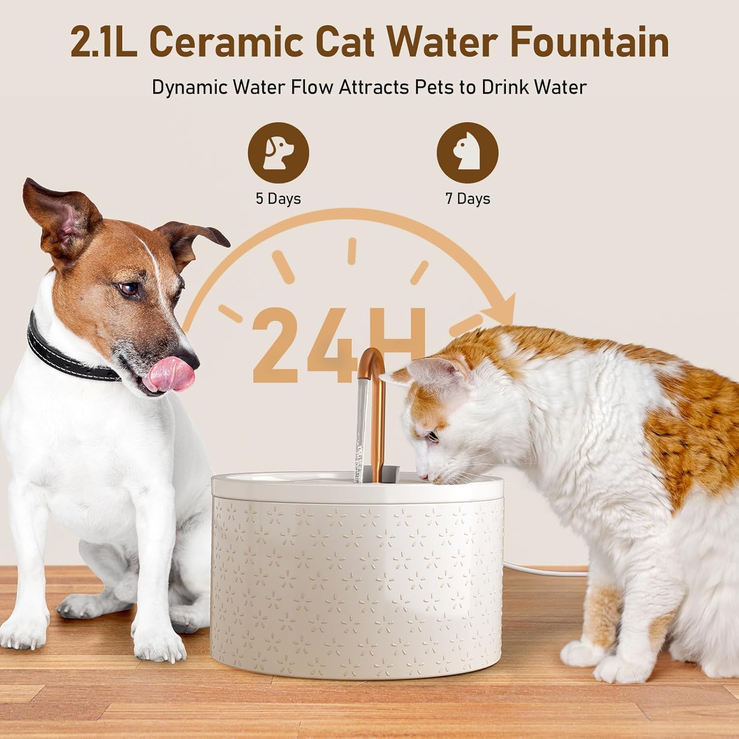 DOOOB Ceramic Cat Water Fountain, 2.1L/71oz Cat Fountain, Automatic Ceramic Water Fountain for Cats, Pet Water Fountain with Ultra-Quiet Pump and 3 Filters & 3 Sponges (Firework Embossed)