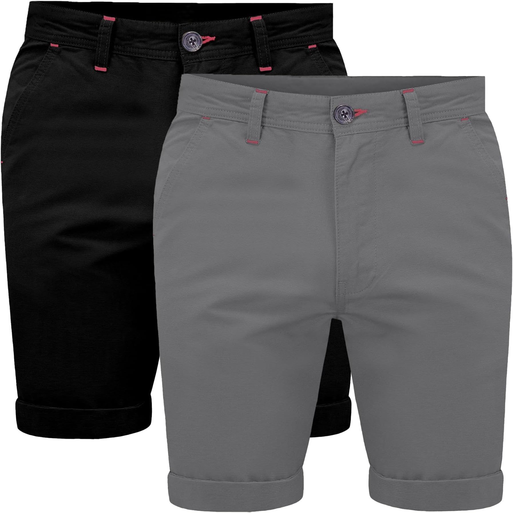 Mens 2 Pack Stretch Chino Shorts Cotton Twill Red Detailing Combat Style Accents Casual Above Knee Summer Wear