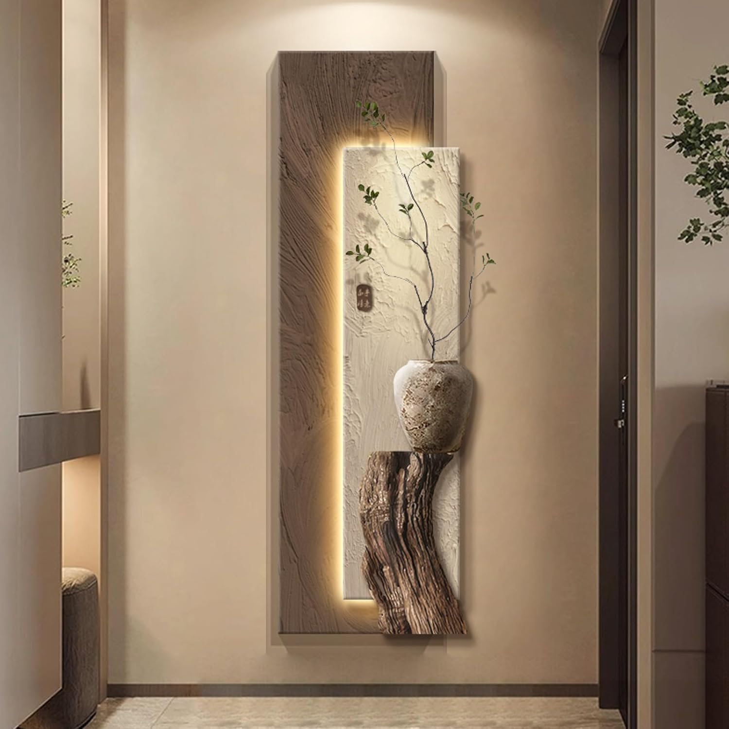 Modern Large 3D Wall Art Decor With Simulated greenery,Sandstone finish Wall Sculpture with Soft LED Light,Plug-in Power,Frameless Creative Painting for Living Room(D,40*120cm/15.7*47.2in)
