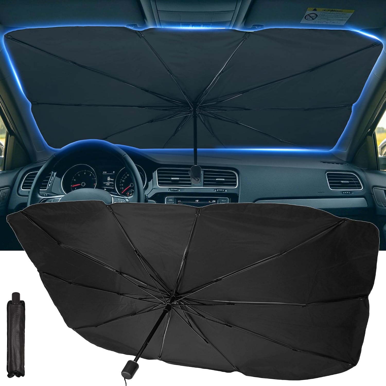 [2026 Upgrade] Windshield Sun Shade Umbrella, Foldable Car Front Window Sunshade with Titanium Silver Coating, Blocks UV Rays & Heat Insulation, Keeps Car Cool, Fits Sedan Truck Pickup SUV RV
